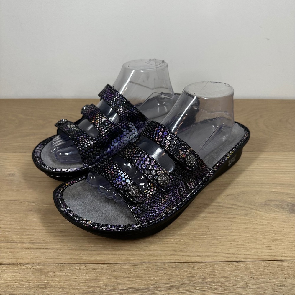 Alegria Slide Sandals Women 11.5 Black Multicolor Leather Wedge Comfort Floral